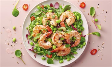 Shrimp and edamame salad with sesame seeds on a light pink background AI generated