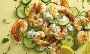 Shrimp and cucumber salad with yogurt dressing on a light yellow background AI generated