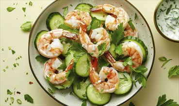 Shrimp and cucumber salad with yogurt dressing on a light yellow background AI generated