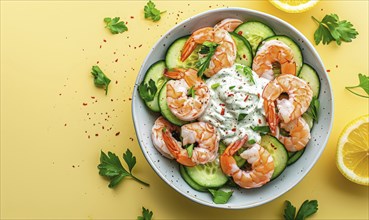 Shrimp and cucumber salad with yogurt dressing on a light yellow background AI generated