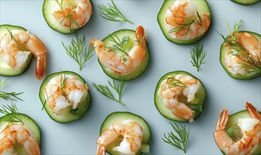 Shrimp and cucumber bites with dill on a light blue background AI generated