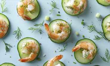 Shrimp and cucumber bites with dill on a light blue background AI generated