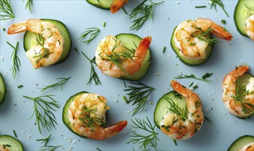 Shrimp and cucumber bites with dill on a light blue background AI generated