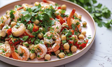 Shrimp and chickpea salad with parsley on a pastel pink plate AI generated