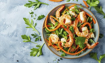 Shrimp and carrot salad with ginger dressing on a light blue background AI generated