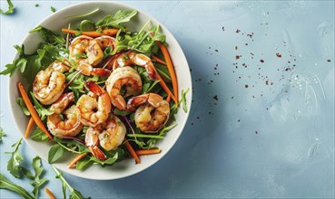 Shrimp and carrot salad with ginger dressing on a light blue background AI generated