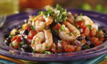 Shrimp and black bean salsa with cilantro on a pastel purple plate AI generated