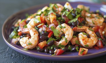 Shrimp and black bean salsa with cilantro on a pastel purple plate AI generated