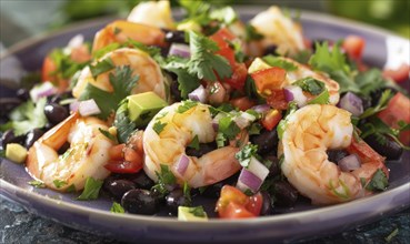 Shrimp and black bean salsa with cilantro on a pastel purple plate AI generated