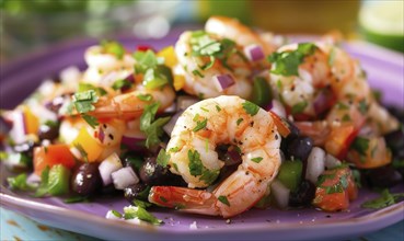 Shrimp and black bean salsa with cilantro on a pastel purple plate AI generated