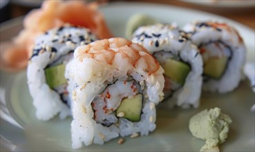 Shrimp and avocado sushi rolls on a pastel green plate AI generated