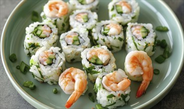 Shrimp and avocado sushi rolls on a pastel green plate AI generated