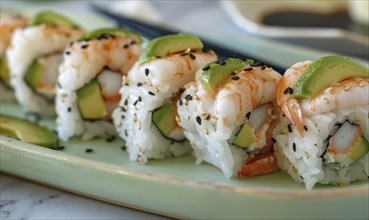 Shrimp and avocado sushi rolls on a pastel green plate AI generated