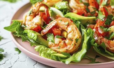 Shrimp and avocado salad wraps with lettuce on a pastel pink plate AI generated