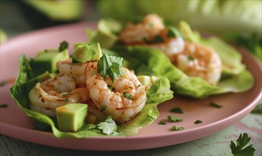 Shrimp and avocado salad wraps with lettuce on a pastel pink plate AI generated