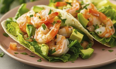 Shrimp and avocado salad wraps with lettuce on a pastel pink plate AI generated