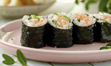 Shrimp and avocado rolls with seaweed on a pastel pink plate AI generated