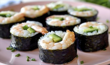 Shrimp and avocado rolls with seaweed on a pastel pink plate AI generated