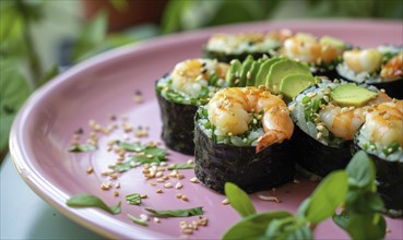 Shrimp and avocado rolls with seaweed on a pastel pink plate AI generated