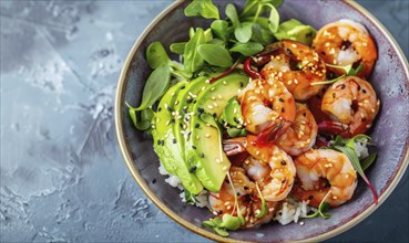 Shrimp and avocado poke bowl with sesame seeds on a pastel purple plate AI generated