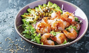 Shrimp and avocado poke bowl with sesame seeds on a pastel purple plate AI generated