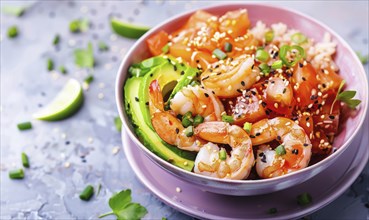 Shrimp and avocado poke bowl with sesame seeds on a pastel purple plate AI generated