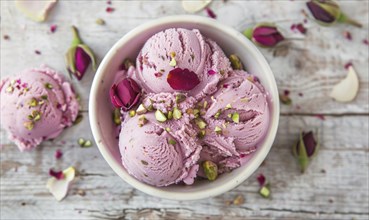 Rose petal gelato with pistachio topping on a light wooden background AI generated