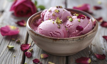 Rose petal gelato with pistachio topping on a light wooden background AI generated