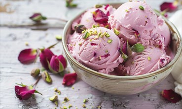 Rose petal gelato with pistachio topping on a light wooden background AI generated