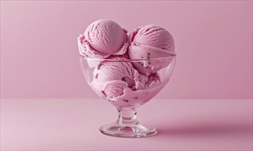 Rose ice cream in a glass bowl on a light pink background AI generated