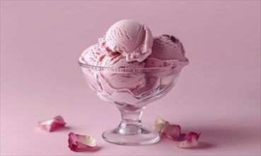 Rose ice cream in a glass bowl on a light pink background AI generated