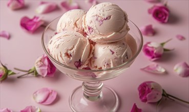 Rose ice cream in a glass bowl on a light pink background AI generated