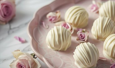 Rose and white chocolate truffles on a pastel pink plate AI generated