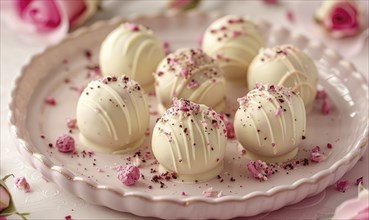 Rose and white chocolate truffles on a pastel pink plate AI generated