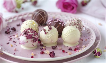 Rose and white chocolate truffles on a pastel pink plate AI generated