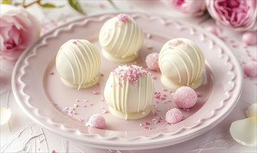 Rose and white chocolate truffles on a pastel pink plate AI generated