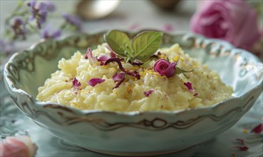 Rose and saffron rice pudding on a pastel green plate AI generated