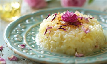 Rose and saffron rice pudding on a pastel green plate AI generated