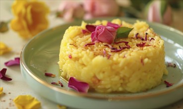 Rose and saffron rice pudding on a pastel green plate AI generated