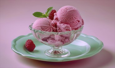 Rose and raspberry sorbet in a glass bowl on a pastel green plate AI generated