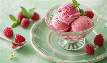 Rose and raspberry sorbet in a glass bowl on a pastel green plate AI generated