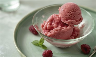 Rose and raspberry sorbet in a glass bowl on a pastel green plate AI generated