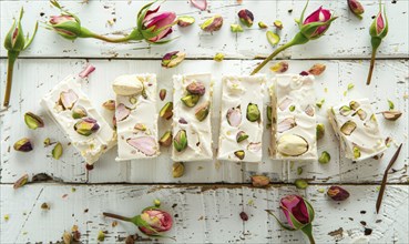 Rose and pistachio nougat on a light wooden background AI generated