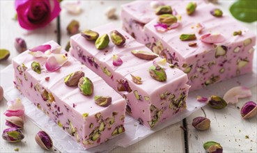 Rose and pistachio nougat on a light wooden background AI generated