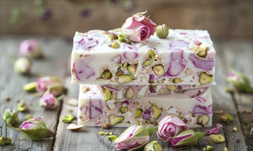 Rose and pistachio nougat on a light wooden background AI generated