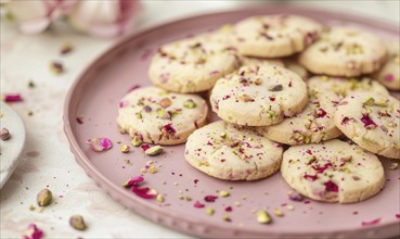 Rose and pistachio cookies with rose glaze on a pastel pink plate AI generated