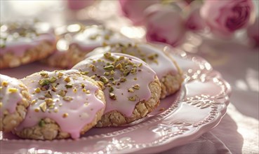 Rose and pistachio cookies with rose glaze on a pastel pink plate AI generated