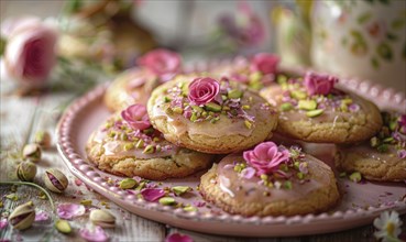 Rose and pistachio cookies with rose glaze on a pastel pink plate AI generated