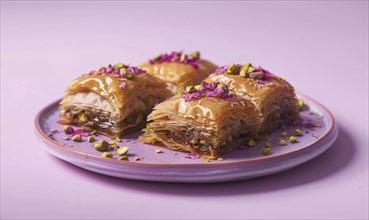 Rose and pistachio baklava on a pastel purple plate AI generated