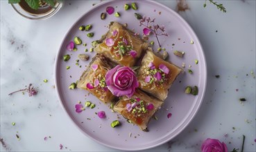 Rose and pistachio baklava on a pastel purple plate AI generated